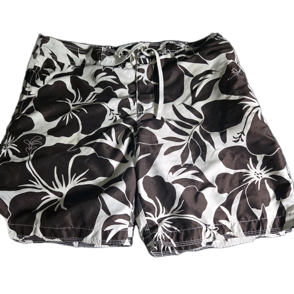 Gap Mens Swim Trunks Large Black White Floral Board Shorts Drawstring Beach...